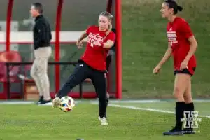 Nebraska Cornhusker forward Sarah Weber (42) warms up to take on the Oregon Ducks during a soccer match Thursday, October 17, 2024, in Lincoln, Nebraska. Photo by John S. Peterson.