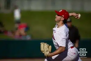 Nebraska's TJ Coats (47) throws a pitch in the fifth inning during a baseball scrimmage Tuesday, October 15, 2024, in Lincoln, Nebraska. Photo by John S. Peterson.