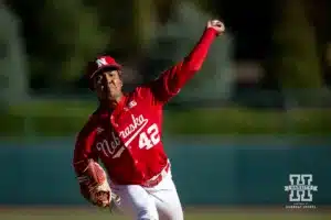 Nebraska's Jalen Worthley (42) throws a pitch during a baseball scrimmage Tuesday, October 15, 2024, in Lincoln, Nebraska. Photo by John S. Peterson.