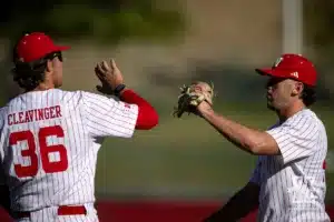 Nebraska's TJ Coats (47) getting a high five from Grant Cleavinger (36) during a baseball scrimmage Tuesday, October 15, 2024, in Lincoln, Nebraska. Photo by John S. Peterson.