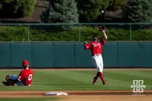 Nebraska's Riley Silva (1) makes a out during a baseball scrimmage Tuesday, October 15, 2024, in Lincoln, Nebraska. Photo by John S. Peterson.