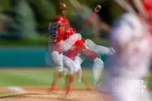A multi-exposure photo of Nebraska's Jalen Worthley (42) throwing a pitch during a baseball scrimmage Tuesday, October 15, 2024, in Lincoln, Nebraska. Photo by John S. Peterson.