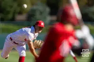 Nebraska's TJ Coats (47) throws a pitch in the third inning against Nebraska's Cayden Brumbaugh (0) during a baseball scrimmage Tuesday, October 15, 2024, in Lincoln, Nebraska. Photo by John S. Peterson.