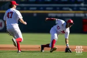 Nebraska's Devin Nunez (43) scoops up the ball in the third inning during a baseball scrimmage Tuesday, October 15, 2024, in Lincoln, Nebraska. Photo by John S. Peterson.
