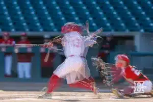 A multi-exposure of Nebraska's Will Jesske (13) at bat in the second inning during a baseball scrimmage Tuesday, October 15, 2024, in Lincoln, Nebraska. Photo by John S. Peterson.