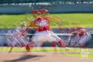 A mulit-exposure photos of Nebraska Harvester Jalen Worthley (42) throws a pitch Nebraska's Bugeater Rhett Stokes (9) leading off during a baseball scrimmage Tuesday, October 15, 2024, in Lincoln, Nebraska. Photo by John S. Peterson.