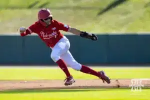 Nebraska's Riley Silva (1) takes off to steal second during a baseball scrimmage Tuesday, October 15, 2024, in Lincoln, Nebraska. Photo by John S. Peterson.