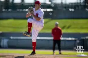 Nebraska's TJ Coats (47) throws a pitch during a baseball scrimmage Tuesday, October 15, 2024, in Lincoln, Nebraska. Photo by John S. Peterson.