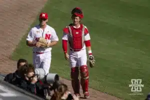 Nebraska pitcher TJ Coats (47) and catcher Hogan Helligso (36) walk to the dugout for the start of the game during a baseball scrimmage Tuesday, October 15, 2024, in Lincoln, Nebraska. Photo by John S. Peterson.