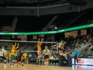 Omaha Mavericks take on North Dakota State in a volleyball match Sunday, October 13, 2024 in Omaha, Nebraska. Photo by Brandon Tiedemann.