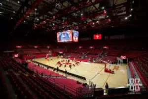 Nebraska Cornhuskers starting their warm-ups for a scrimmage at the Devaney Sports Center, Sunday, October 13, 2024, in Lincoln, Nebraska. Photo by John S. Peterson.