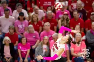 Nebraska Cornhusker Lindsay Krause (22) spikes the ball against the Rutgers Scarlet Knights during a college volleyball match Saturday, October 12, 2024, in Lincoln, Nebraska. Photo by John S. Peterson.