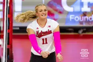 Nebraska Cornhusker Leyla Blackwell (11) celebrates a point against the Rutgers Scarlet Knights during a college volleyball match Saturday, October 12, 2024, in Lincoln, Nebraska. Photo by John S. Peterson.