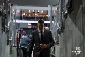 Omaha Maverick head coach Mike Gabinet heads to the locker room after the match against the Wisconsin Badgers in a college hockey match Saturday, October 5, 2024 in Omaha, Nebraska. Photo by Kyle Byers.