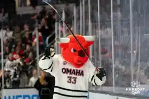 Omaha Maverick Durango on the ice against the Wisconsin Badgers in a college hockey match Saturday, October 5, 2024 in Omaha, Nebraska. Photo by Kyle Byers.