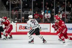 Omaha Maverick Tanner Ludtke (71) moves down the ice against the Wisconsin Badgers in a college hockey match Saturday, October 5, 2024 in Omaha, Nebraska. Photo by Kyle Byers.