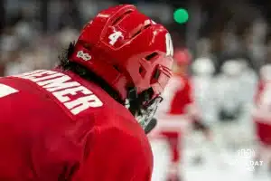 Wisconsin player has a Mike Kemp sticker on back of his helmet during the Omaha Maverick match against the Wisconsin Badgers Saturday, October 5, 2024 in Omaha, Nebraska. Photo by Kyle Byers.
