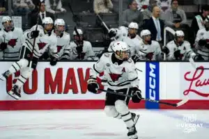 Omaha Maverick Griffin Ludtke (7) skates back on defense against the Wisconsin Badgers in a college hockey match Saturday, October 5, 2024 in Omaha, Nebraska. Photo by Kyle Byers.