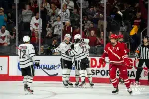 Omaha Maverick Nolan Krenzen (12) celebrates a goal against the Wisconsin Badgers in a college hockey match Saturday, October 5, 2024 in Omaha, Nebraska. Photo by Kyle Byers.