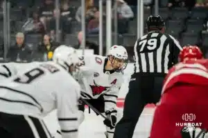 Omaha Maverick Harrison Israels (23) preparing for a face-off against the Wisconsin Badgers in a college hockey match Saturday, October 5, 2024 in Omaha, Nebraska. Photo by Kyle Byers.