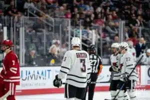 Omaha Maverick Sam Stange skating agaisnt the Wisconsin Badgers in a college hockey match Saturday, October 5, 2024 in Omaha, Nebraska. Photo by Kyle Byers.
