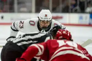 Omaha Maverick Harrison Israels (23) preparing for a face-off against the Wisconsin Badgers in a college hockey match Saturday, October 5, 2024 in Omaha, Nebraska. Photo by Kyle Byers.