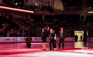 Mike Kemp waving at the crowd during the ice naming ceremony before the match against Wisconsin Saturday, October 5, 2024 in Omaha, Nebraska. Photo by Kyle Byers.