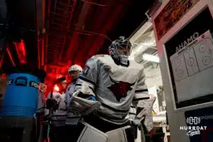 Omaha Maverick goalie Simon Latkoczy (30) heads out the tunnel prior to take on Wisconsin in a college hockey match Saturday, October 5, 2024 in Omaha, Nebraska. Photo by Kyle Byers.