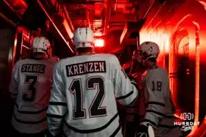 Omaha Maverick Nolan Krenzen and (3) and Sam Stange (3) in the tunnel before the Omaha vs Wisconsin exhibition hockey match Saturday, October 5, 2024 in Omaha, Nebraska. Photo by Kyle Byers.