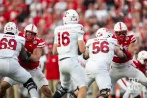 Nebraska Cornhusker defensive lineman Ty Robinson (9) and James Williams (90) are battling against the Rutgers Scarlet Knights during a college football game Saturday, October 5, 2024, in Lincoln, Nebraska. Photo by John S. Peterson.