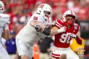 Nebraska Cornhusker defensive lineman James Williams (90) battles against Rutgers Scarlet Knight offensive lineman Tyler Needham (56) during a college football game Saturday, October 5, 2024, in Lincoln, Nebraska. Photo by John S. Peterson.