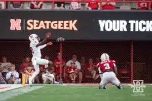 Rutgers Scarlet Knight wide receiver Ben Black (2) drops a pass against Nebraska Cornhusker defensive back Marques Buford Jr. (3) during a college football game Saturday, October 5, 2024, in Lincoln, Nebraska. Photo by John S. Peterson.