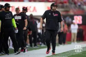 Nebraska Cornhusker head coach Matt Rhule walks along the sideline watching the action against the Rutgers Scarlet Knights during a college football game Saturday, October 5, 2024, in Lincoln, Nebraska. Photo by John S. Peterson.