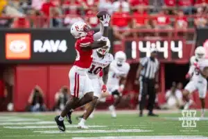 Nebraska Cornhusker wide receiver Jaylen Lloyd (19) makes a catch against Rutgers Scarlet Knight defensive back Flip Dixon (10) during a college football game Saturday, October 5, 2024, in Lincoln, Nebraska. Photo by John S. Peterson.