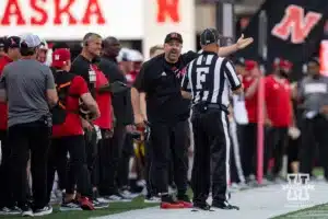 Nebraska Cornhusker head coach Matt Rhule reacts from a call during a college football game against the Rutgers Scarlet Knights Saturday, October 5, 2024, in Lincoln, Nebraska. Photo by John S. Peterson.