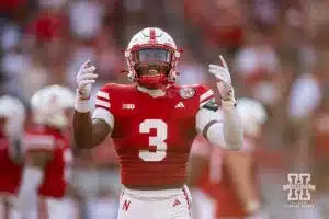 Nebraska Cornhusker defensive back Marques Buford Jr. (3) swings his arm firing up the fans against the Rutgers Scarlet Knights during a college football game Saturday, October 5, 2024, in Lincoln, Nebraska. Photo by John S. Peterson.