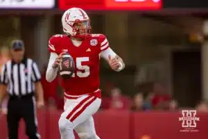 Nebraska Cornhusker quarterback Dylan Raiola (15) rolls out to pass against the Rutgers Scarlet Knights during a college football game Saturday, October 5, 2024, in Lincoln, Nebraska. Photo by John S. Peterson.