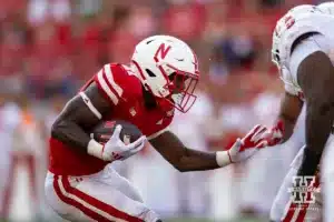 Nebraska Cornhusker running back Emmett Johnson (21) runs with the ball against the Rutgers Scarlet Knights during a college football game Saturday, October 5, 2024, in Lincoln, Nebraska. Photo by John S. Peterson.