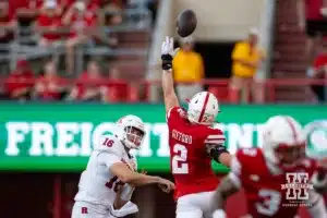 Nebraska Cornhusker defensive back Isaac Gifford (2) tips the ball when Rutgers Scarlet Knight quarterback Athan Kaliakmanis (16) tries to pass during a college football game Saturday, October 5, 2024, in Lincoln, Nebraska. Photo by John S. Peterson.