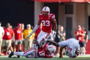Nebraska Cornhusker defensive back Ceyair Wright (15) makes an interception against the Rutgers Scarlet Knights during a college football game Saturday, October 5, 2024, in Lincoln, Nebraska. Photo by John S. Peterson.