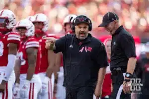 Nebraska Cornhusker head coach Matt Rhule talks to an official against the Rutgers Scarlet Knights during a college football game Saturday, October 5, 2024, in Lincoln, Nebraska. Photo by John S. Peterson.
