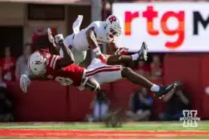 Rutgers Scarlet Knight defensive back Shaquan Loyal (6) breaks up a pass to Nebraska Cornhusker wide receiver Isaiah Neyor (18) during a college football game Saturday, October 5, 2024, in Lincoln, Nebraska. Photo by John S. Peterson.
