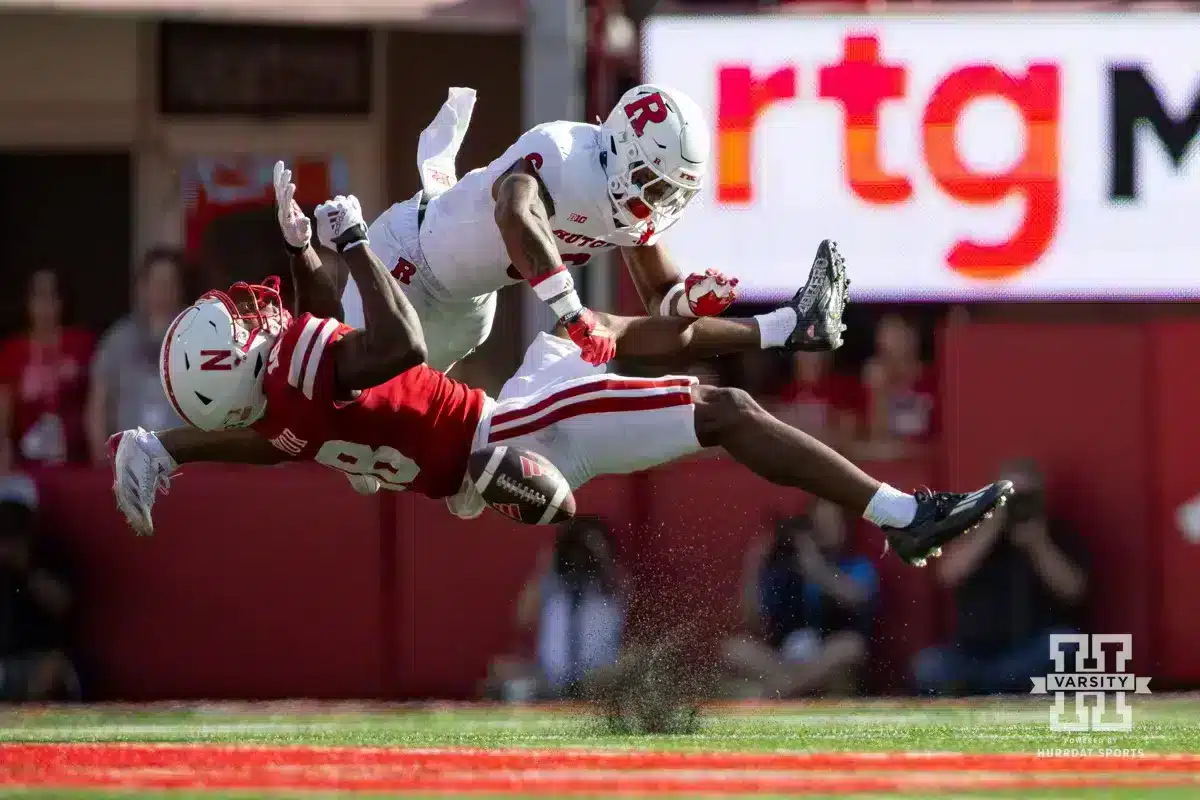 Rutgers Scarlet Knight defensive back Shaquan Loyal (6) breaks up a pass to Nebraska Cornhusker wide receiver Isaiah Neyor (18) during a college football game Saturday, October 5, 2024, in Lincoln, Nebraska. Photo by John S. Peterson.