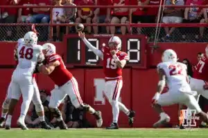 Nebraska Cornhusker quarterback Dylan Raiola (15) throws a pass against the Rutgers Scarlet Knights during a college football game Saturday, October 5, 2024, in Lincoln, Nebraska. Photo by John S. Peterson.