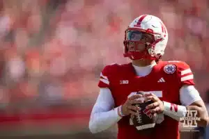 Nebraska Cornhusker quarterback Dylan Raiola (15) looks to the scoreboard against the Rutgers Scarlet Knights during a college football game Saturday, October 5, 2024, in Lincoln, Nebraska. Photo by John S. Peterson.