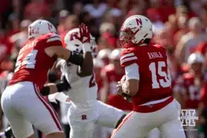 Nebraska Cornhusker quarterback Dylan Raiola (15) drops back to pass against the Rutgers Scarlet Knights during a college football game Saturday, October 5, 2024, in Lincoln, Nebraska. Photo by John S. Peterson.