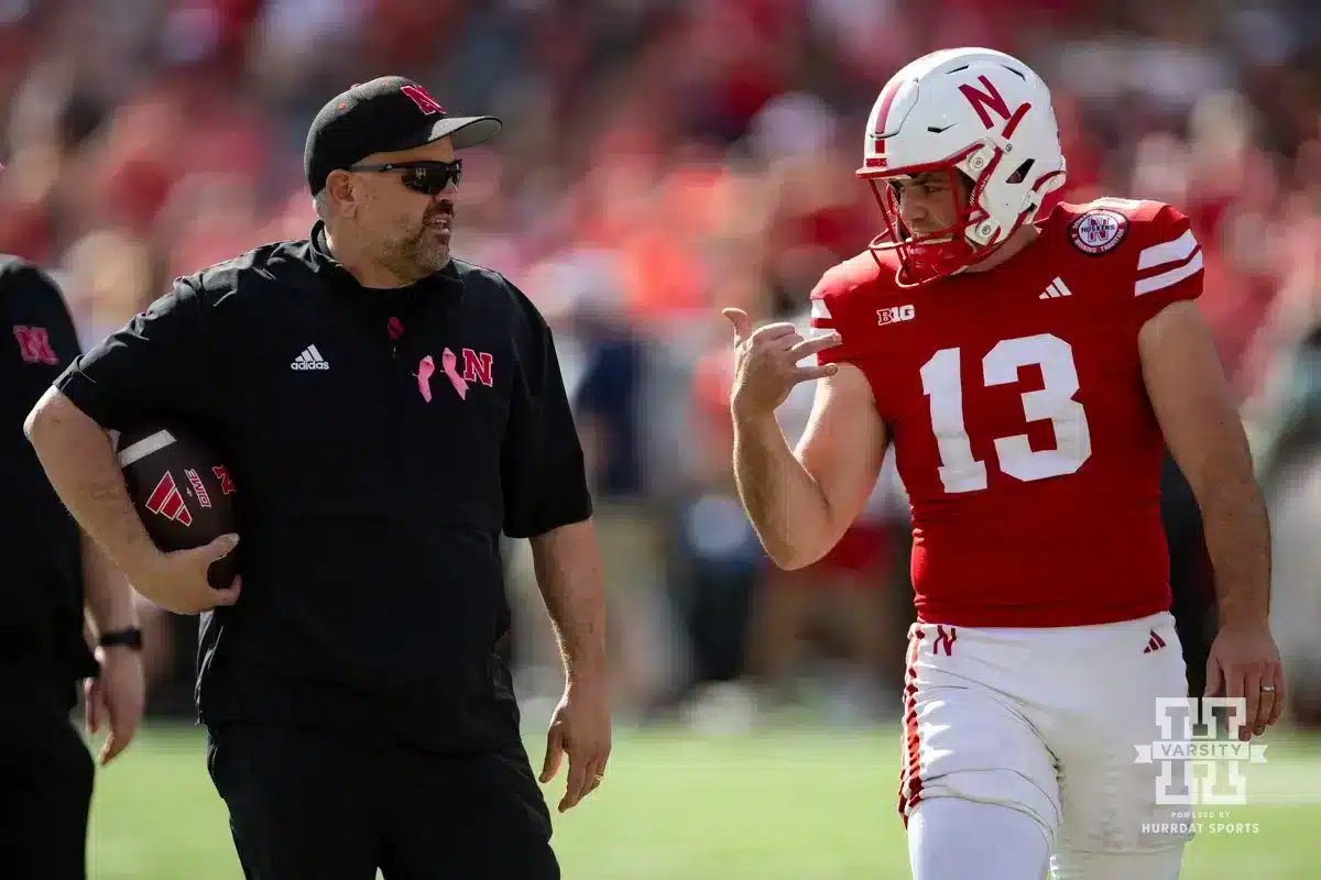 Nebraska Cornhusker punter Brian Buschini talks with head coach Matt Rhule during a college football game Saturday, October 5, 2024, in Lincoln, Nebraska. Photo by John S. Peterson.