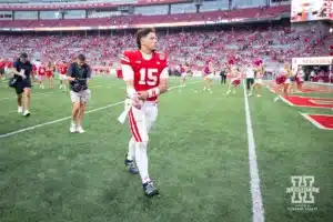 Nebraska Cornhusker quarterback Dylan Raiola (15) walks off the filed after the win over the Rutgers Scarlet Knights during a college football game Saturday, October 5, 2024, in Lincoln, Nebraska. Photo by John S. Peterson.