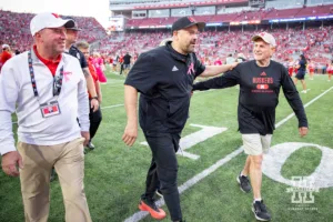 Nebraska Cornhusker head coach Matt Rhule walking off the filed after a win over the Rutgers Scarlet Knights during a college football game Saturday, October 5, 2024, in Lincoln, Nebraska. Photo by John S. Peterson.