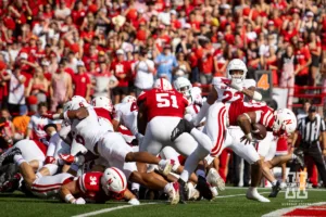 Nebraska Cornhusker running back Dante Dowdell (23) runs in for a touchdown against the Rutgers Scarlet Knights during a college football game Saturday, October 5, 2024, in Lincoln, Nebraska. Photo by John S. Peterson.